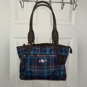Rosetti Blue and Red Plaid Tote with Brown Accents